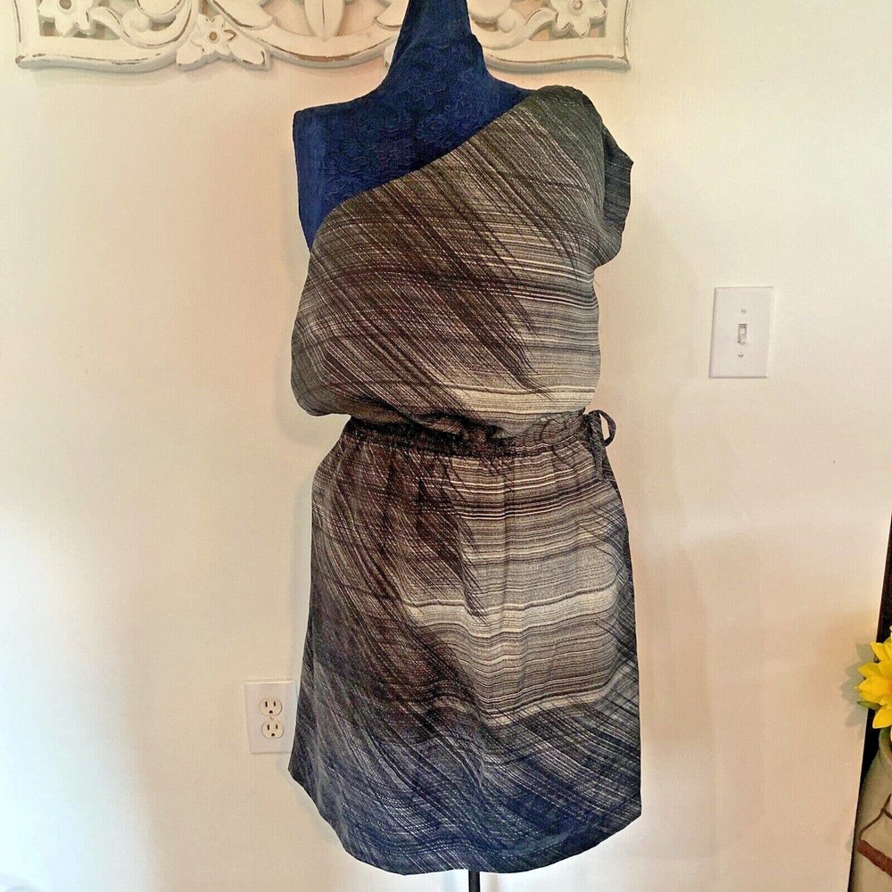 GAP Size 10 One Shoulder Mini Dress Black Gray Pockets Draw String Waist - Picture 1 of 7